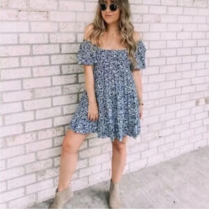 Wild Fable Blue Floral Puff Sleeve Tiered Mini Dress Off‎ Shoulder Small